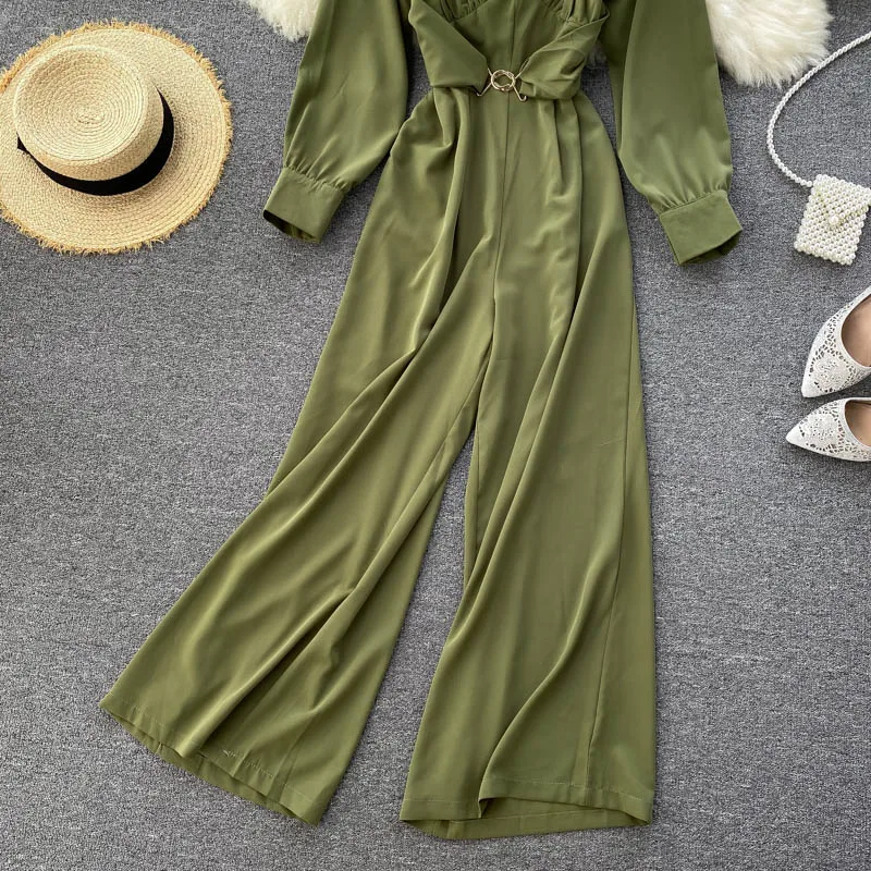 

Autumn Office Ladies Romper Women Square Collar Long Sleeve Wide Leg Jumpsuit Female Solid Green/Yellow/Beige Playsuit 2020 New