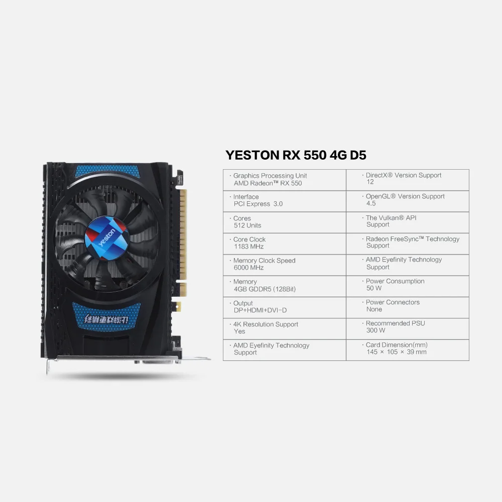 Игровая видеокарта Yeston RX550 4G D5 графическая карта с 4 ГБ GDDR5 память 1183 бит 6000 МГц/МГц