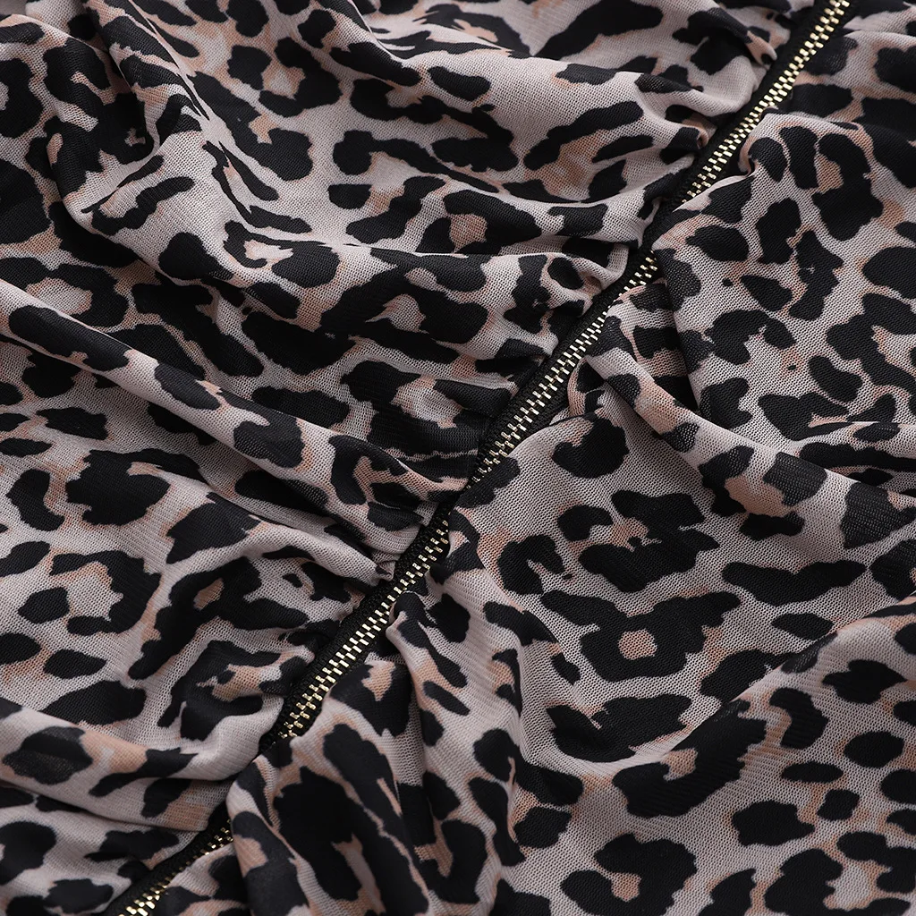 2019 женское сексуальное мини-платье с длинным рукавом на молнии леопардовым