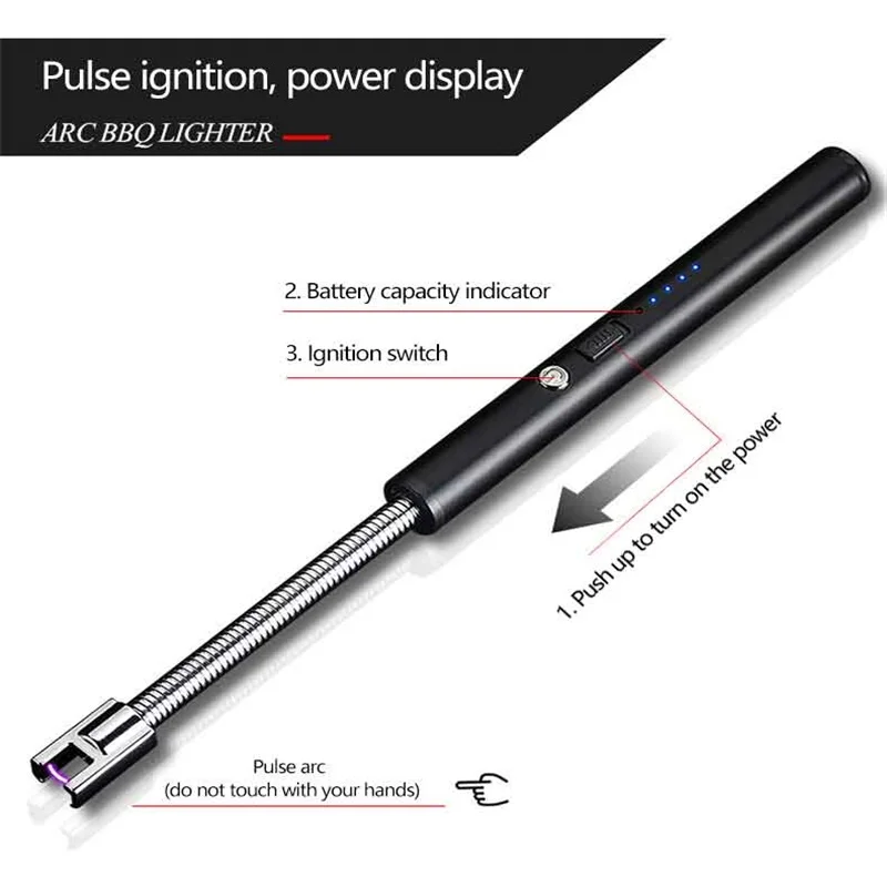 

Windproof LED USB Electric Rechargeable Long BBQ Kitchen Gas Stove Lighter Plasma Arc Flameless Candle Lighters Outdoor