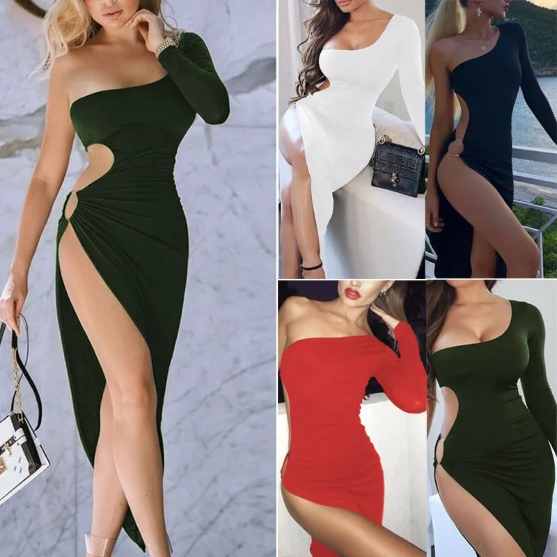 

Women Sexy Hollow Out Evening Night Dress One Shoulder Long Sleeve Bodycon Dress Elegant Ladies Irregular Split Midi Dress 2022