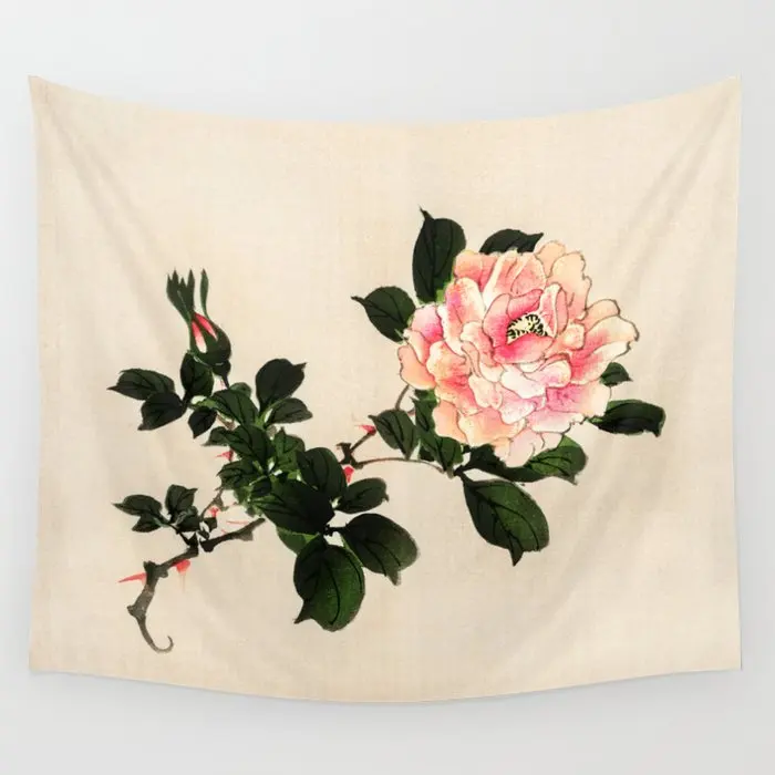 

Розовый розовый японский цветочный гобелен, Настенный декор для спальни, украшение для дома, настенный гобелен, коврик для йоги