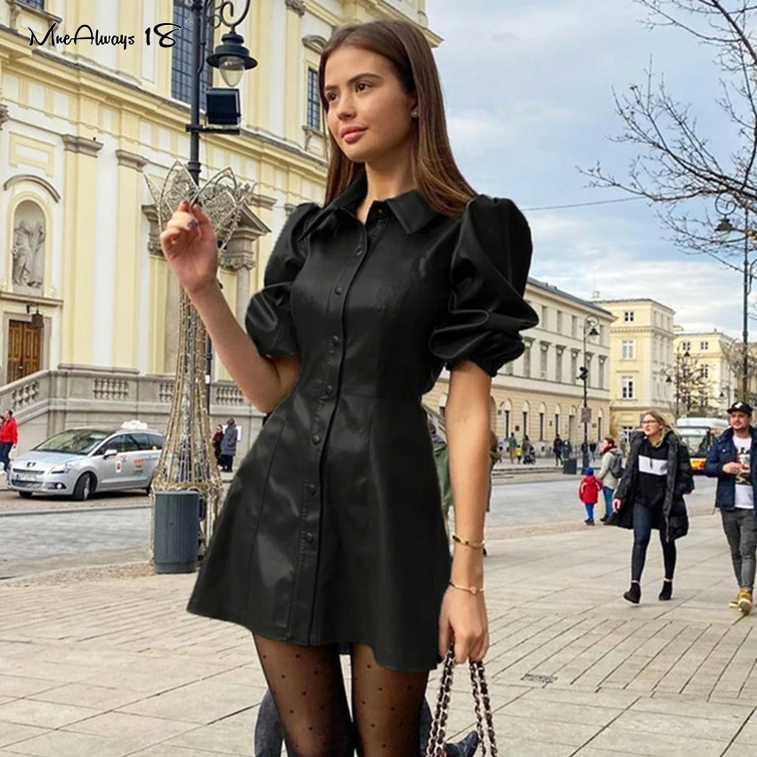 Mnealways18 винтажный буф с рукавом черное кожаное платье женское офисное рубашка А