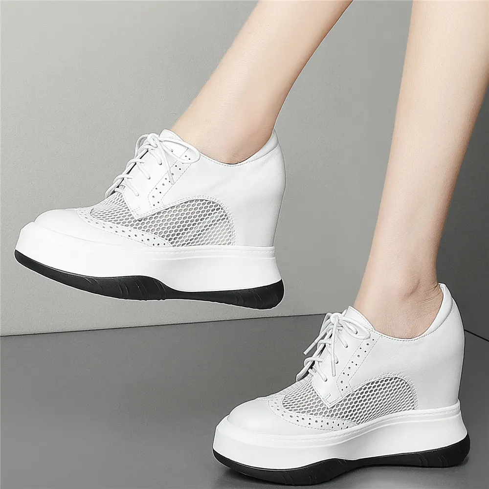 11cm High Heel Fashion Sneakers Women Genuine Leather Wedges Ankle Boots Female Lace Up Round Toe Platform Creepers Casual Shoes