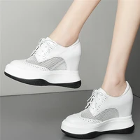 11cm high heel fashion sneakers women genuine leather wedges ankle boots female lace up round toe platform creepers casual shoes