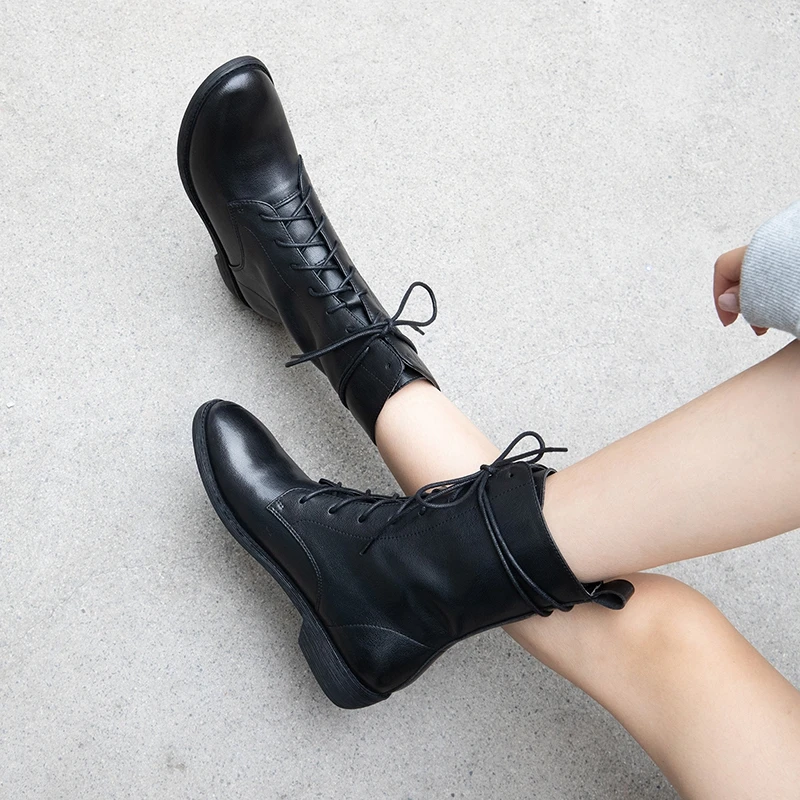 

INS HOT Women Mid-calf Boots Genuine Leather Feet Length Cowhide Stitching Patent Leather Classic Martin Boots Ankle Boots Women