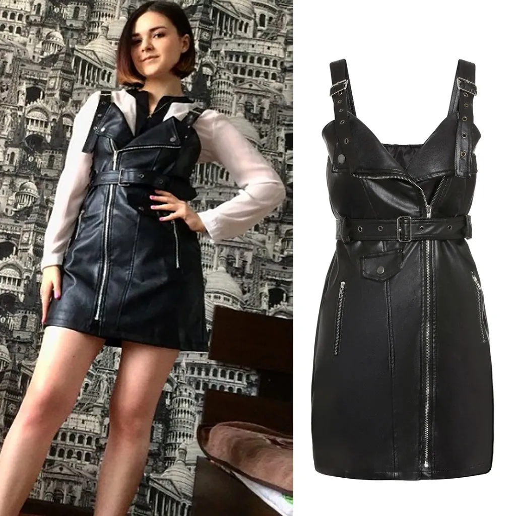 Женское Короткое облегающее платье из ПУ кожи черное готическое с ремнем пряжкой