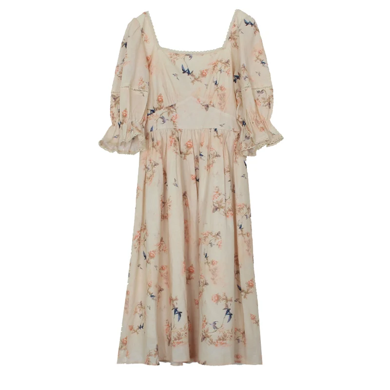 

Vintage French Style Women Dresses 2020 New Half Sleeve Square Colar Dress Retro Floral Print Woman Summer Dress Femme Vestidos