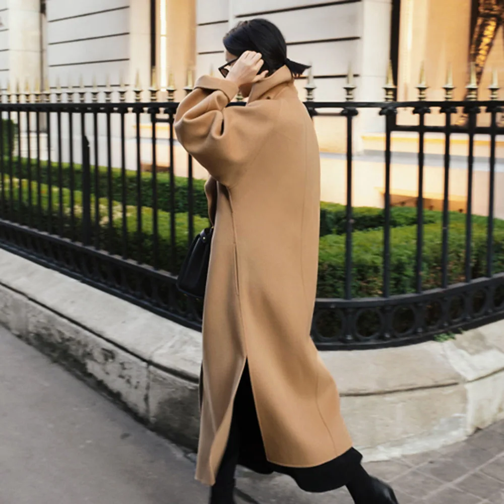 Корейское шерстяное длинное пальто женское осеннее шикарное офисное Camel