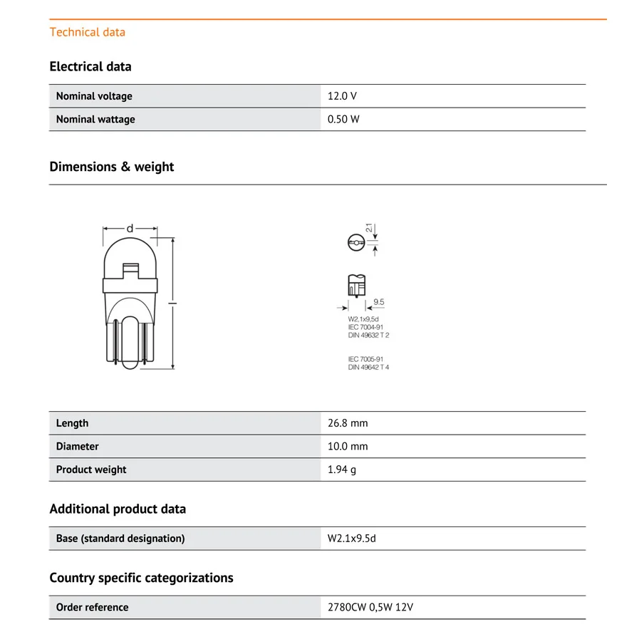 Светодиодные лампы OSRAM T10 W5W базовые для чтения 6000K холодный белый свет