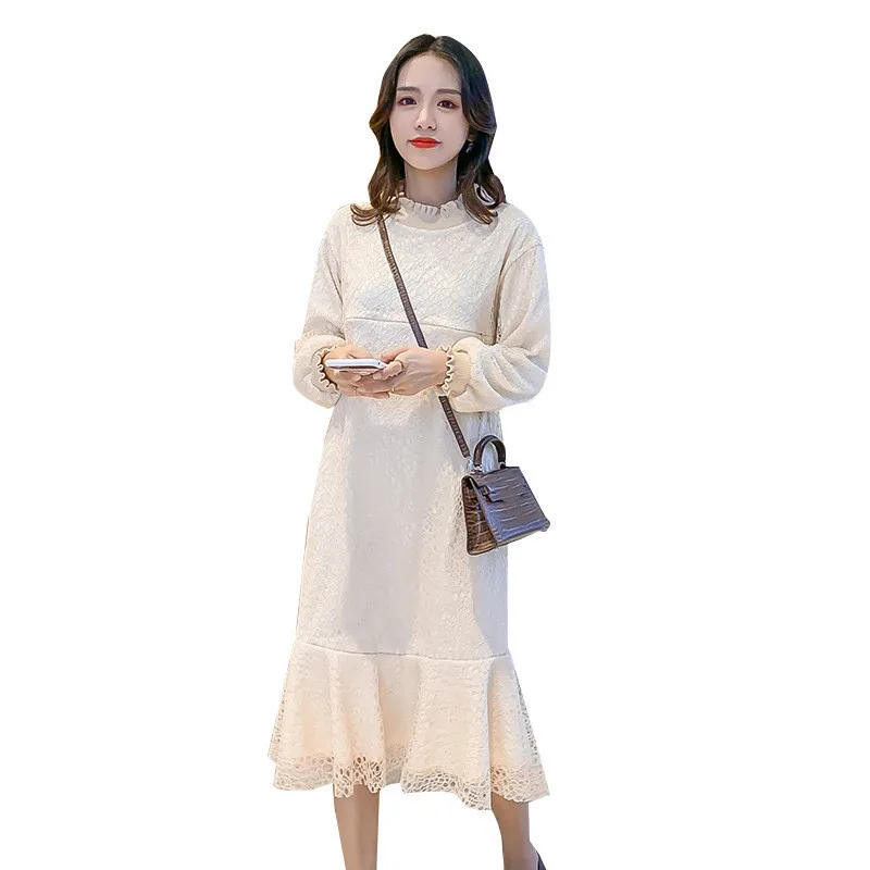 

2020 Spring Autumn Pregnant Women's Fashion Mother Loose Long Sleeve Pleated Lace breastfeeding feeding Dress