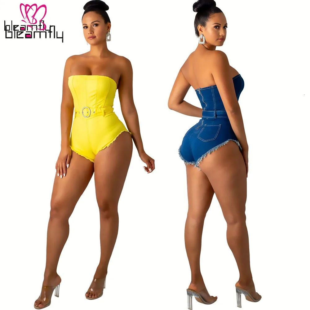Женский Летний комбинезон без бретелек с высокой талией облегающий джинсовый