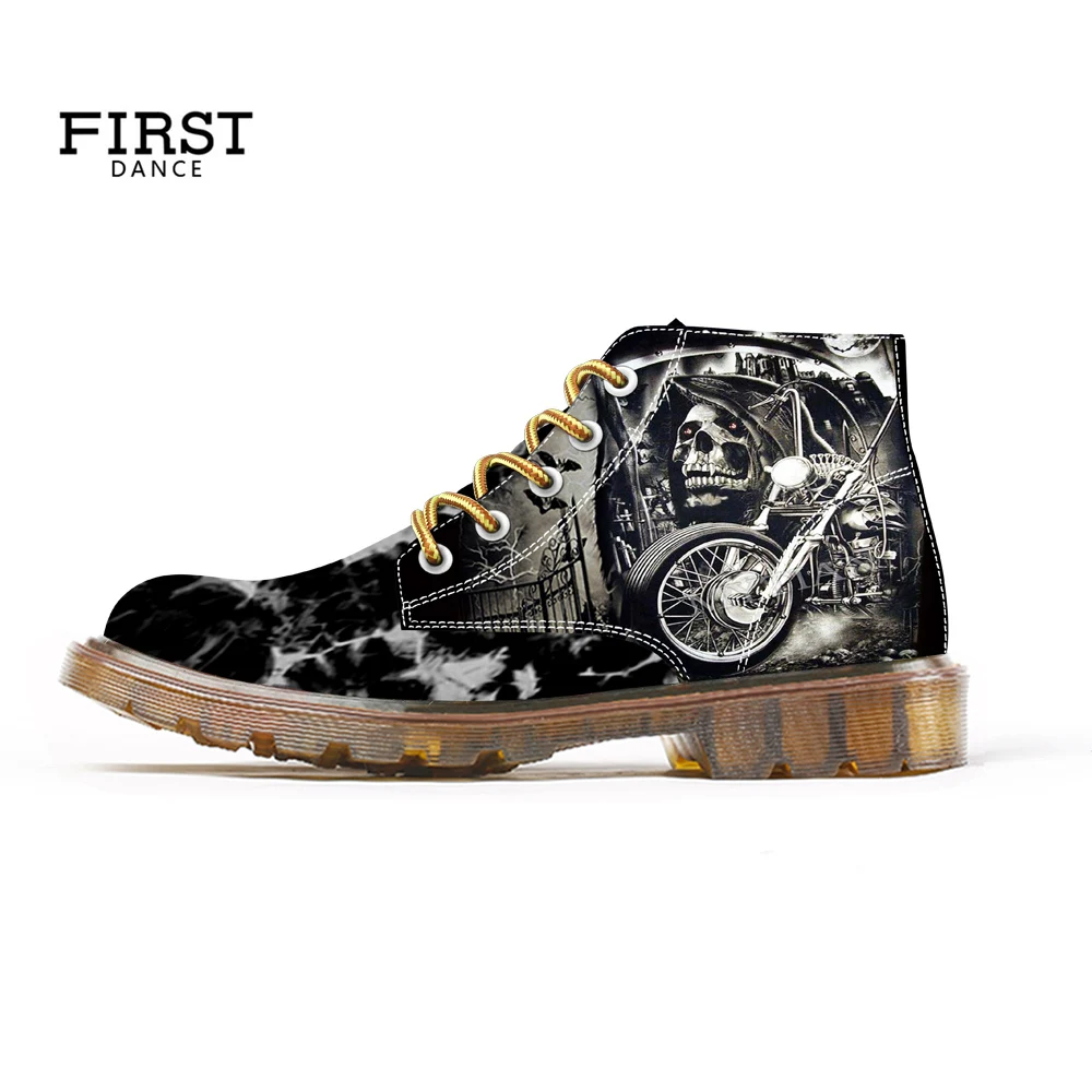 US5.5-US16 FIRST DANCE Shoes Mens Cool Skull Boots Skull Shoes for Men Skeleton Print Black Ankle Men Black Shoes 