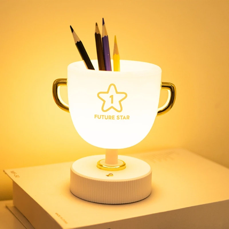 

Trophy Shaped Pen Holder Trophy Shaped Pencil Rack w/ USB Night Light Unique Trophy Style Rechargeable for Home Office