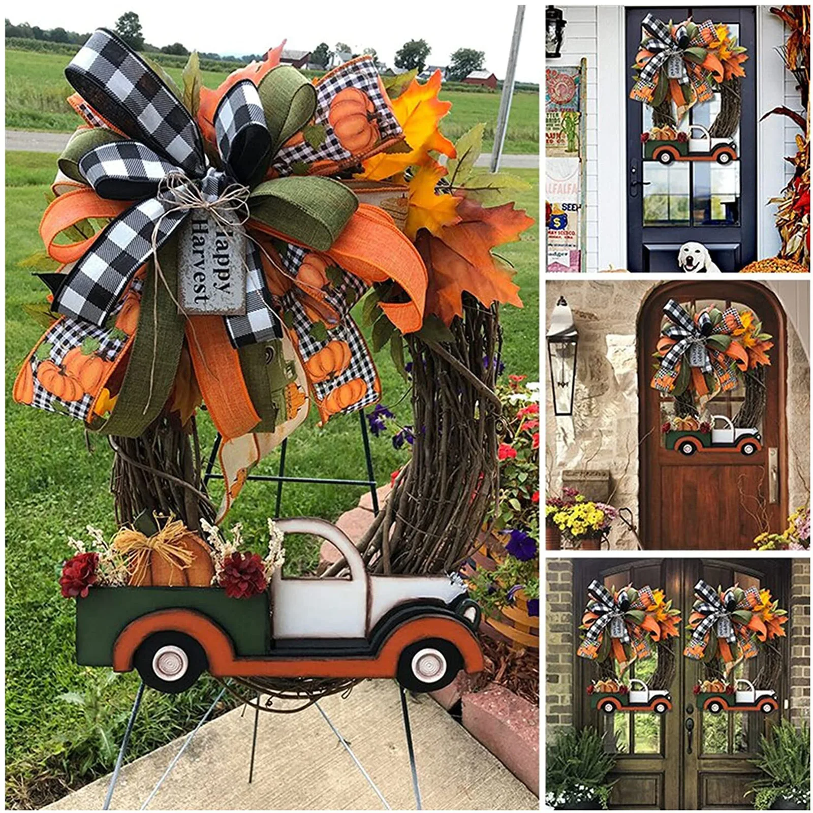 

Vintage Kitchen Thanksgiving Decor Halloween Farmhouse Wreath Decorations Green Pickup Truck Wooden Pumpkin Patch