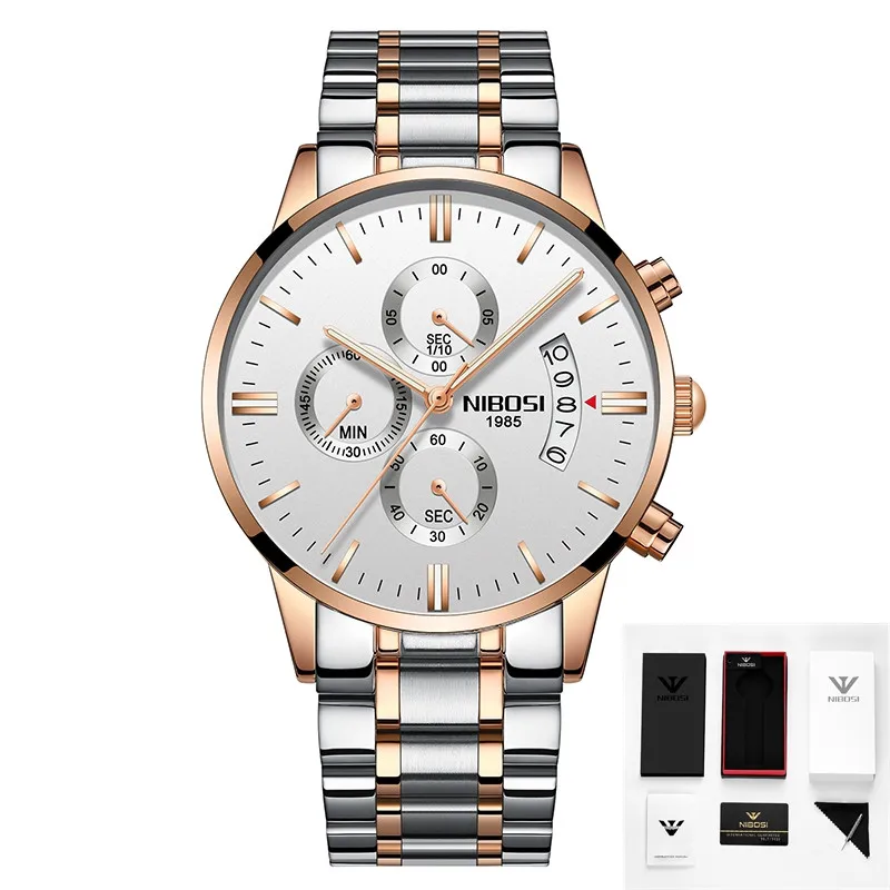 9 with box NIBOSI часы Relogio Masculino люксовый бренд Мужские Хронограф деловые Часы мужские стальные кожаные водонепроницаемые кварцевые наручные часы - Цвет: 9 with box