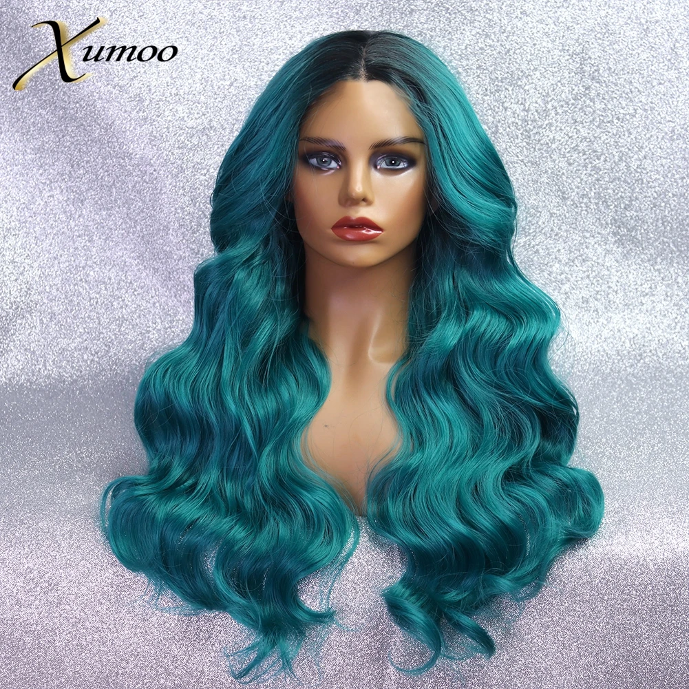 

XUMOO Long Wavy Synthetic Lace Front Wig Glueless Heat Resistant Ombre Green Wig Cosplay Lace Front Wigs For Black Women