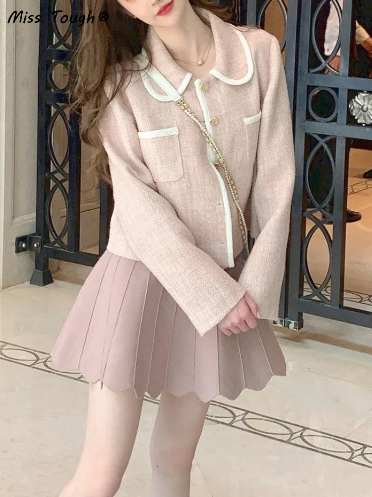 

Winter Pink Sweet Coat Women Patchwork Elegant Loose Korean Short Coat Female Button Casual High Street Warm Vintage Coat 2021