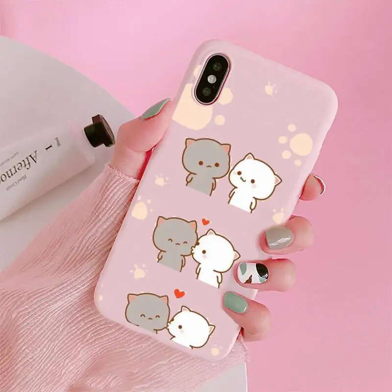 

I LOVE U Couple Lovely Cute Gray Cat Phone Cases Candy Color for iPhone 6 7 8 11 12 s mini pro X XS XR MAX Plus
