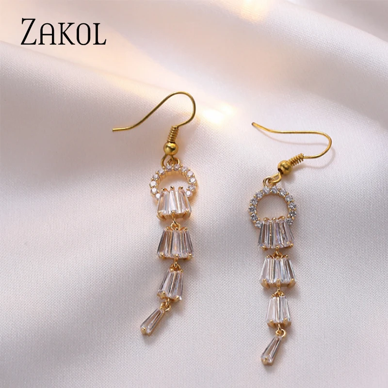 

ZAKOL 2021 New Korean Fashion Tassel Long Drop Dangle Earring AAA Cubic Zirconia Temperament Party Jewelry for Women FZEL05