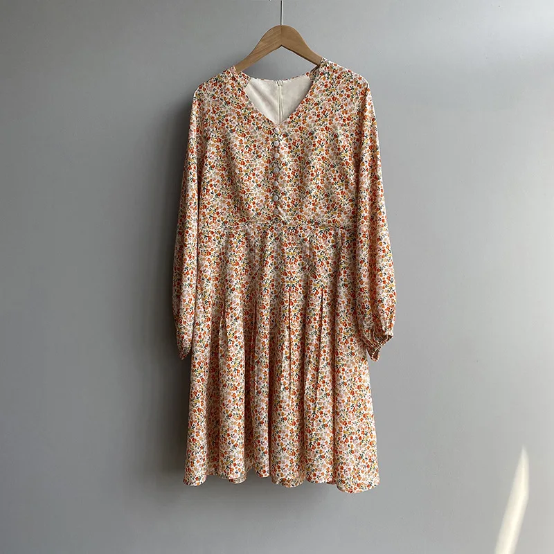 

Fresh Sweet Printing Chiffon Women Dresses V-neck Lantern Sleeve Empire A-line Mini Robe 2021 Summer Chic Elegant Vestidos