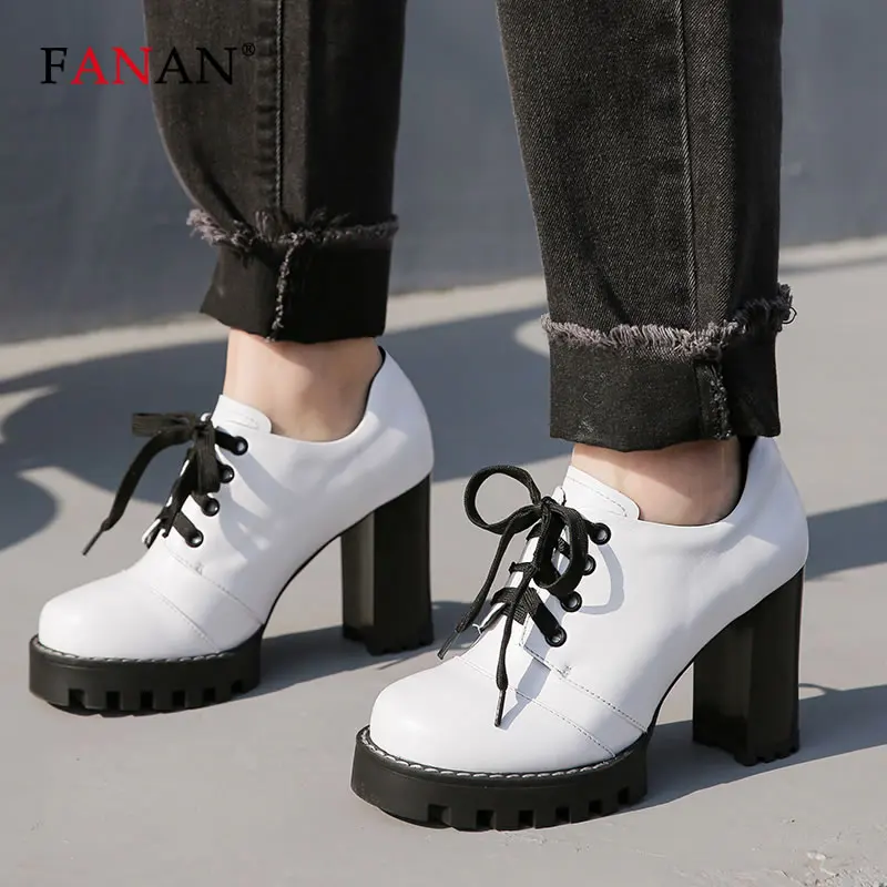 

FANAN Fashion Autumn Shallow Ankle Boots Women's Genuine Leather Sewing Round Toe Square High Heels Shoes Handmade Lace Up Boots