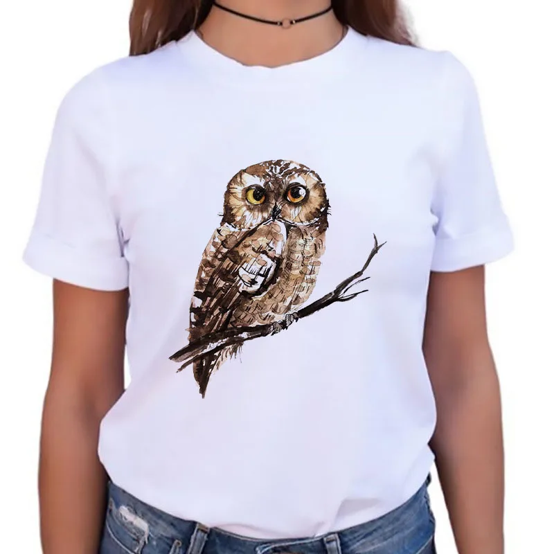 

Модная женская футболка с принтом совы, базовые Топы, женская футболка, летние белые футболки, женская футболка с коротким рукавом и круглым...