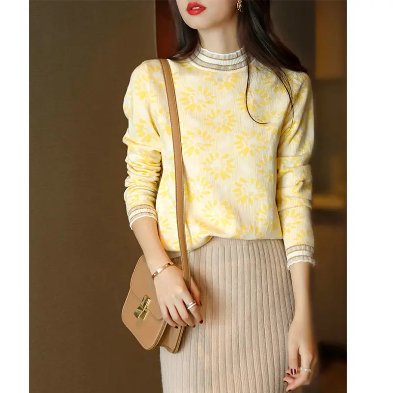 

2021 Spring and Autumn Women's New Foreign Style Loose Contrast Jacquard Semi-turtleneck Knitted Sweater Backing Shirt