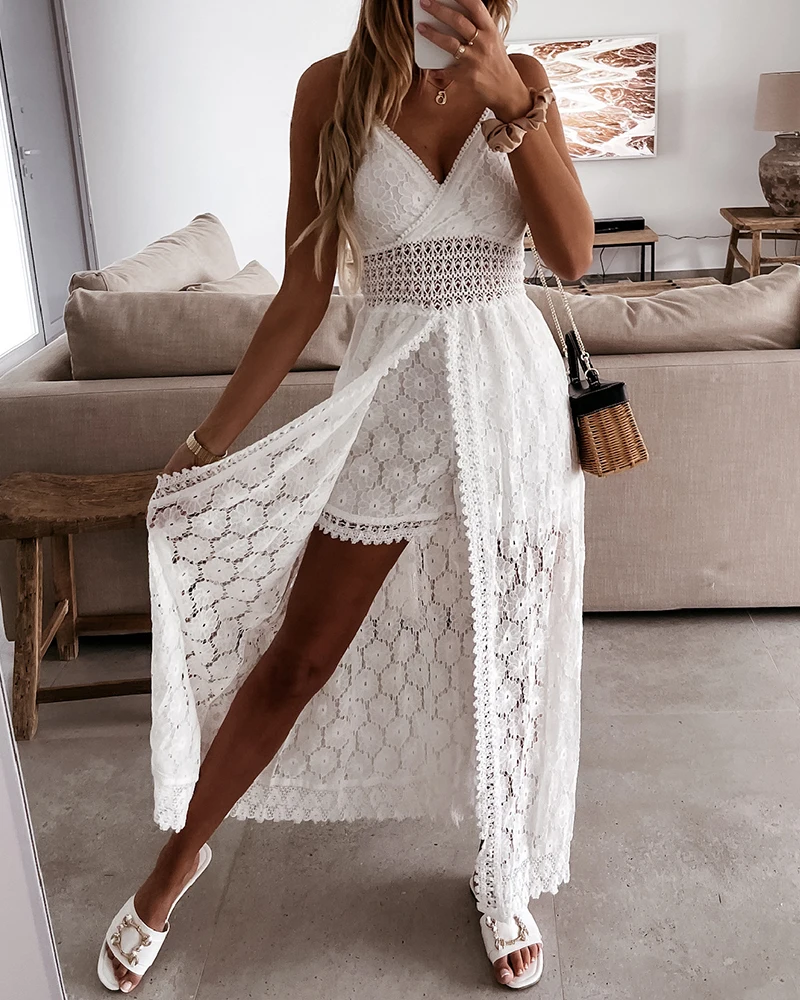 

Summer Women's Jumpsuit Solid Color Sexy V Neck Lace Hollow-Out Sleeveless Sling Party Wear Casual High Waist Rompers