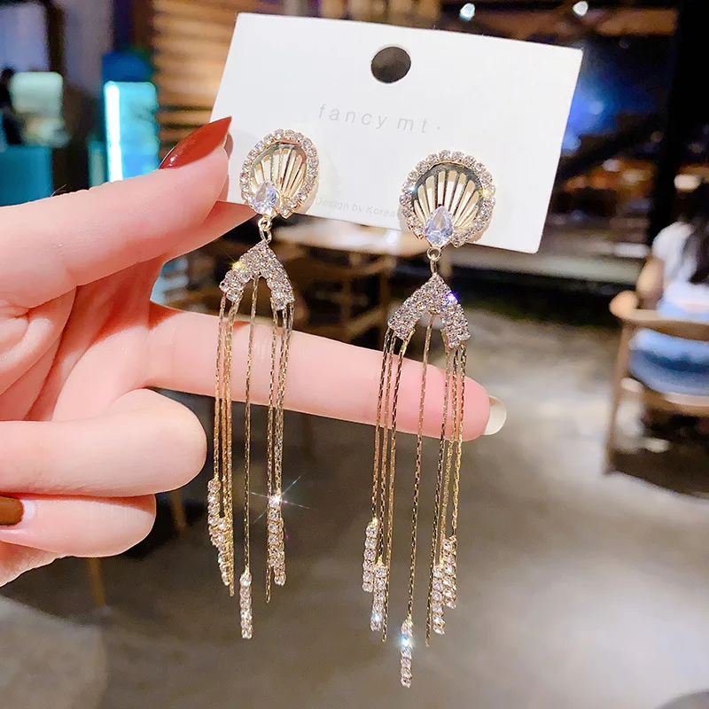 

S925 Silver Needle Korean Style Long Earrings Female Zircon Earrings