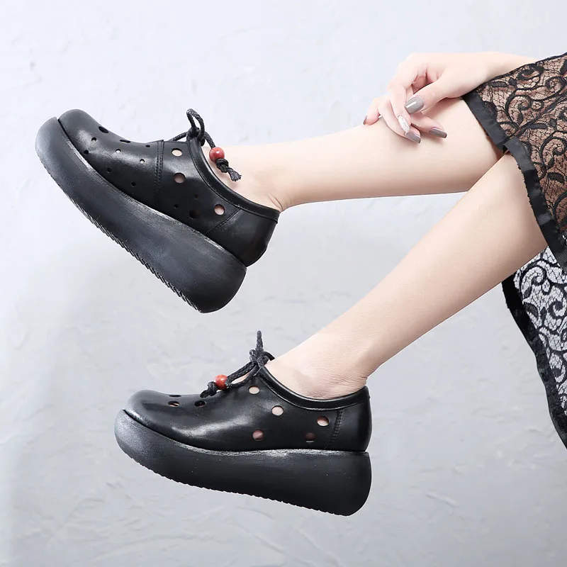 

TIMETANG Handmade Vintage Summer Shoes Women Platform Shoes 100% Genuine Leather Breathable Slip On Ladies Platform Shoes