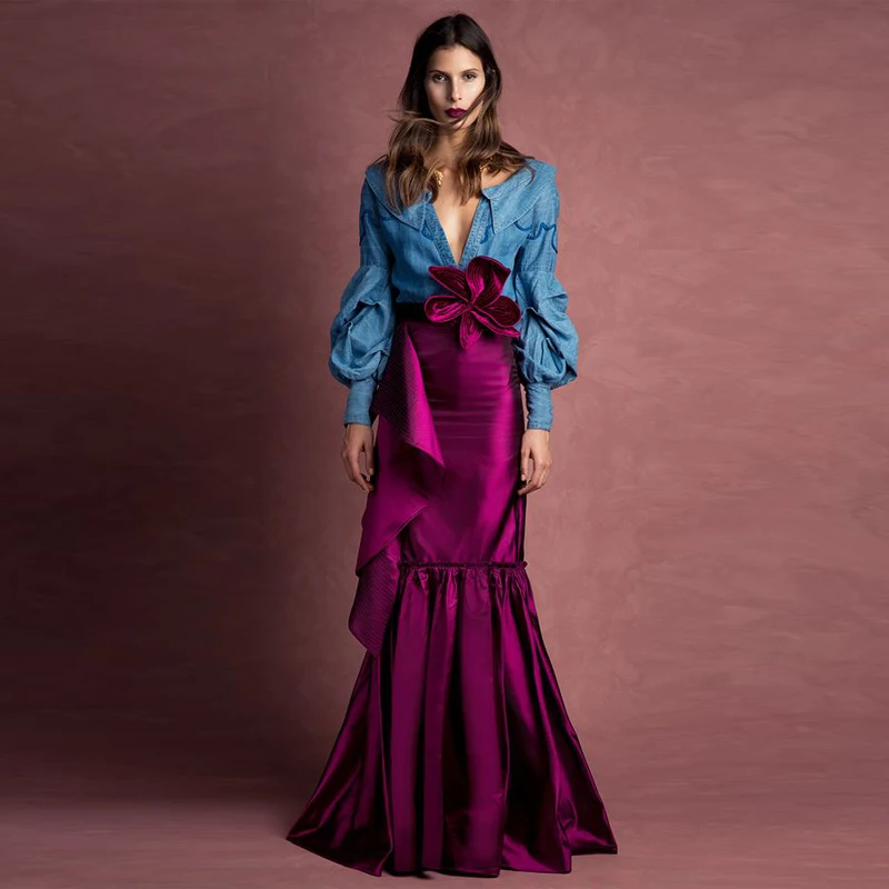 Женская атласная юбка годе темно синяя длинная с высокой талией индивидуальная