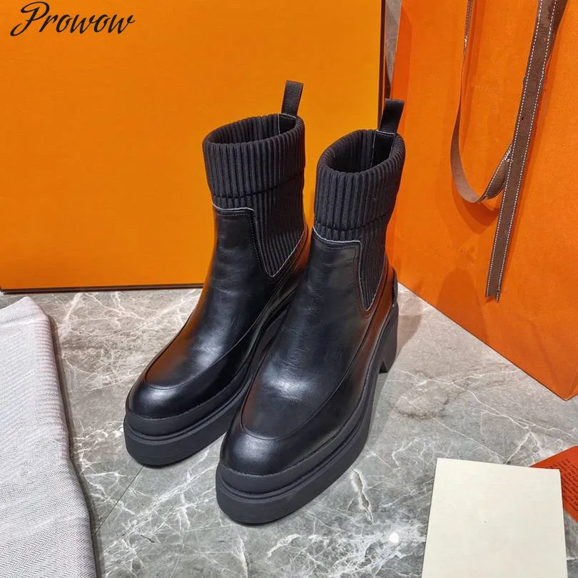 

Prowow Women Ankle Boots Genuine Leather Boots Classic Comfortable Round Toe Slip-On Bootleg Boots Luxury Brand Designer