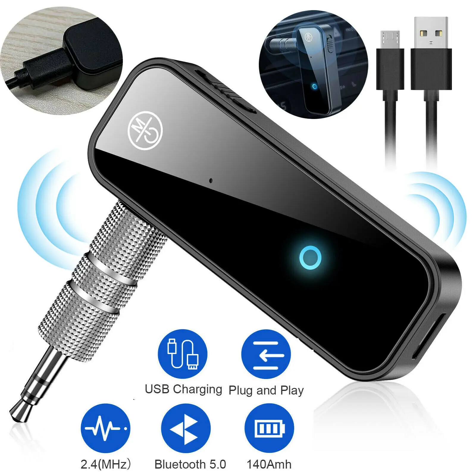 USB Wireless Bluetooth 5.0 Transmitter Receiver 2 in 1 Audio Adapter 3.5mm AUX Car Audio For Car Mic Music Receiver