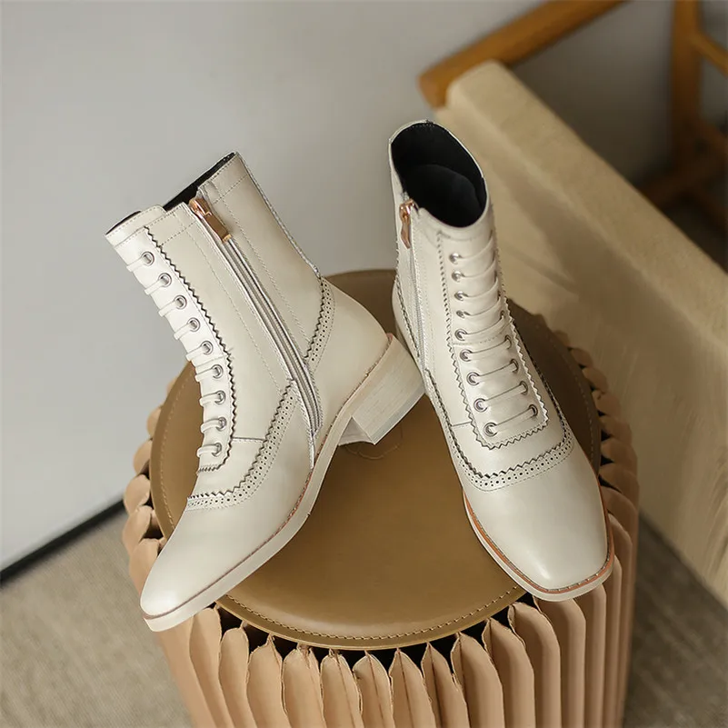 

Meotina Natural Genuine Leather Mid Heel Short Boots Women Shoes Square Toe Block Heels Fashion Boots Zipper Ladies Ankle Boots