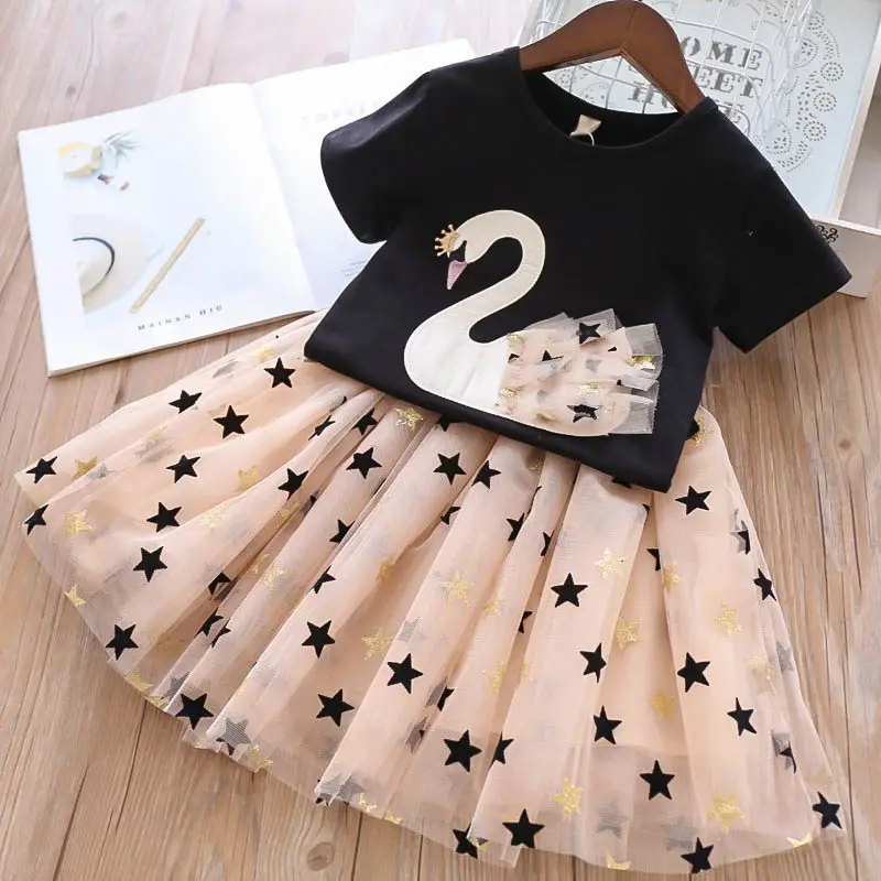 

Kids swan suit summer new children's short-sleeved T-shirt + star mesh skirt two-piece kids 3-8y Cute princess Girls dress GT09
