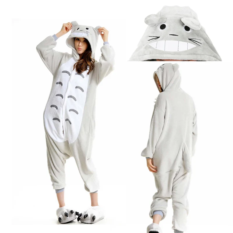 Totoro Зимние пижамы для взрослых с рисунками животных, пижамы с единорогом, теплые фланелевые пижамы с капюшоном для женщин и мужчин - Цвет: Totoro