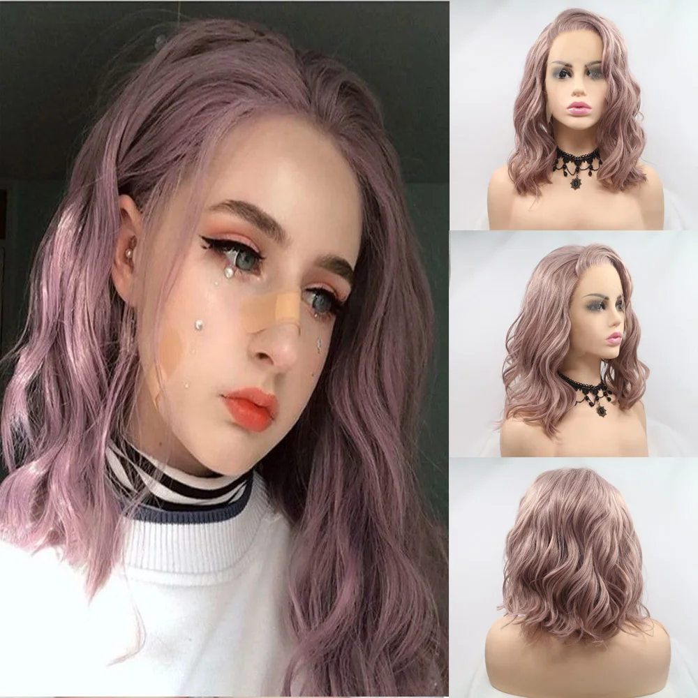 

Melody Short Surly Bob Ash Pink Wig Side Part Lace Front Synthetic Wig Heat Resistant Fiber for Women Cosplay Make up