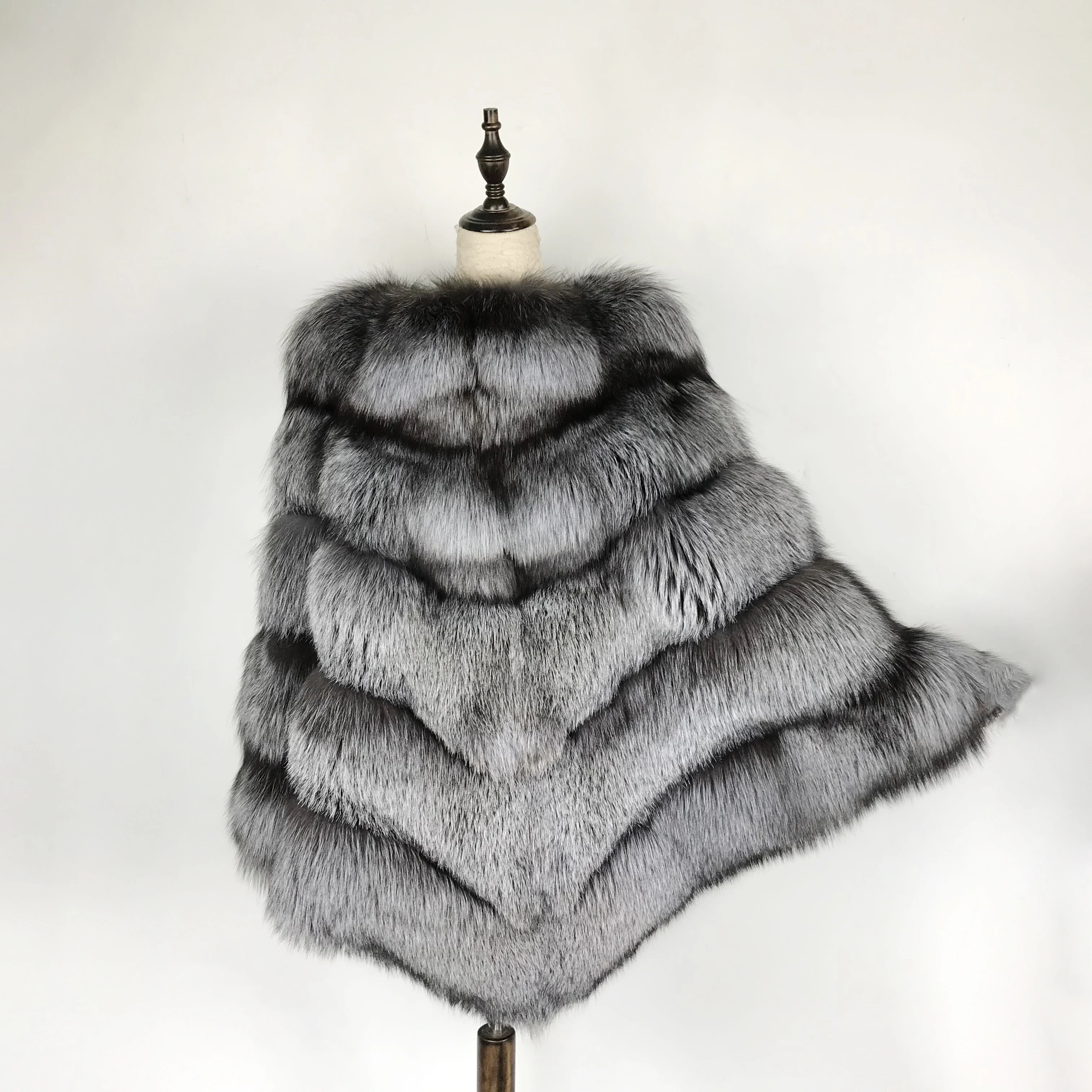 FURSARCAR 2021 New Luxury Real Fox Fur Coat Women Winter Nature Silver Fox Fur Cape Plus Size Long Real Fur Poncho Jacket