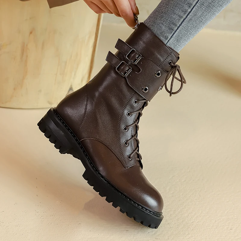 

2021 Square Heel Lace Up Ankle Boots Cow Patent Leather Quality Ladies Pumps Round Toe Autumn Winter Women Shoes Size34-39