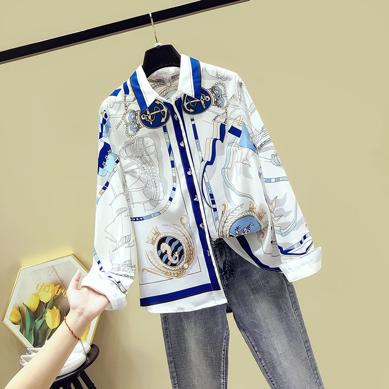 

Missfansiqi Spring Autumn Women Tops Turn Down Collar Long Sleeves Runway Style Print Shirt Female Office Ladies Shirts Blouse