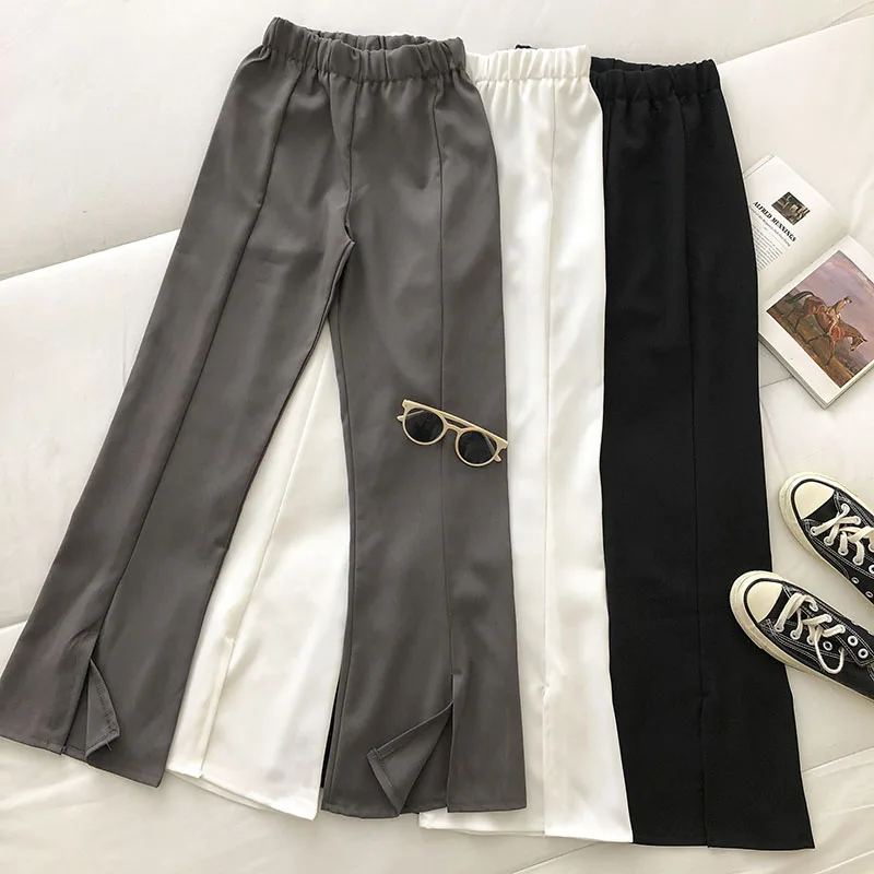 Street Style Solid Sweatpants Bell-bottom Trousers Women's Elegant Office Lady Pants 2021 Side Split Fashion Slim Long Trousers