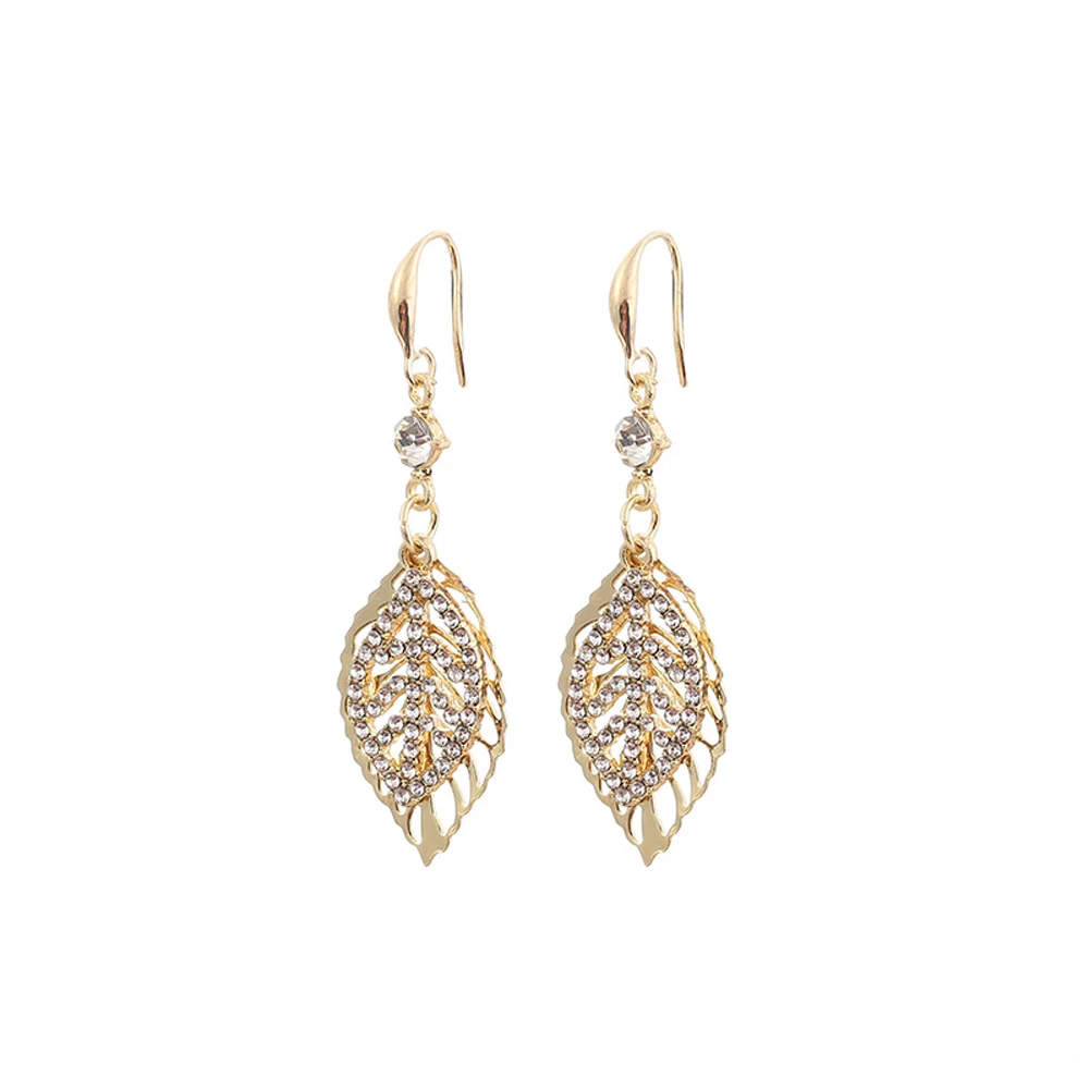 

Fashion Golden Metal Hollow Double Leaf Crystal Zircon Long Earrings For Women Girl Korean Ladies Fresh Temperament Jewelry Gift