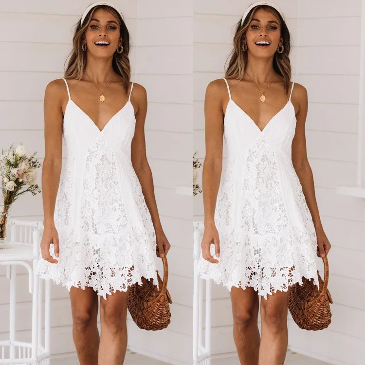 

2021 Summer New Lace Stitching Sexy Suspender Lace Dress Women.