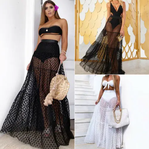 

2019 Women Sexy Skirt High Waist Dot Skirt Summer Transparent Long Maxi Skirt