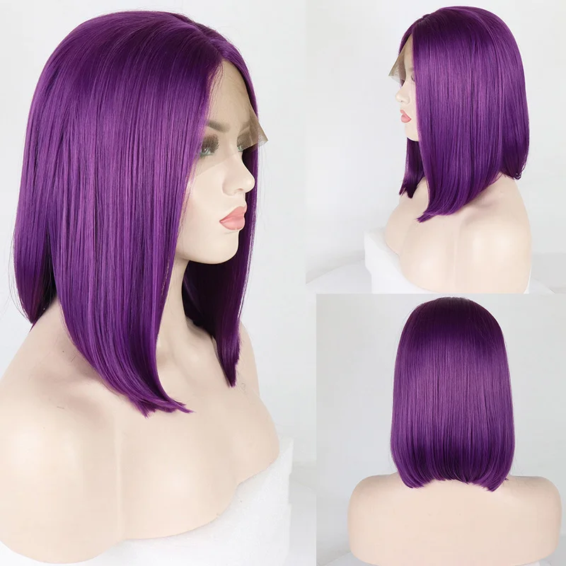 

180% Плотность фиолетовый боб парик короткие прямые кружевные передние парики для черных женщин синтетические термостойкие для косплея ежед...