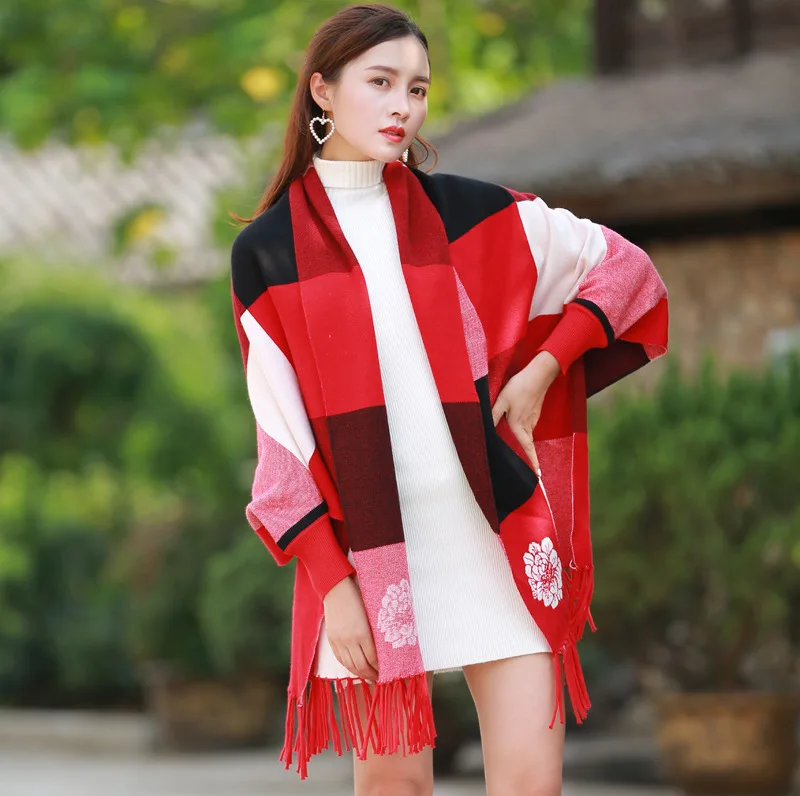 

New Women Wearable Winter Poncho With Sleeve Shawls Wraps Ladies Pashmina Shawl Thicken Scarf Stoles Warm Feminino Ponchos Capes