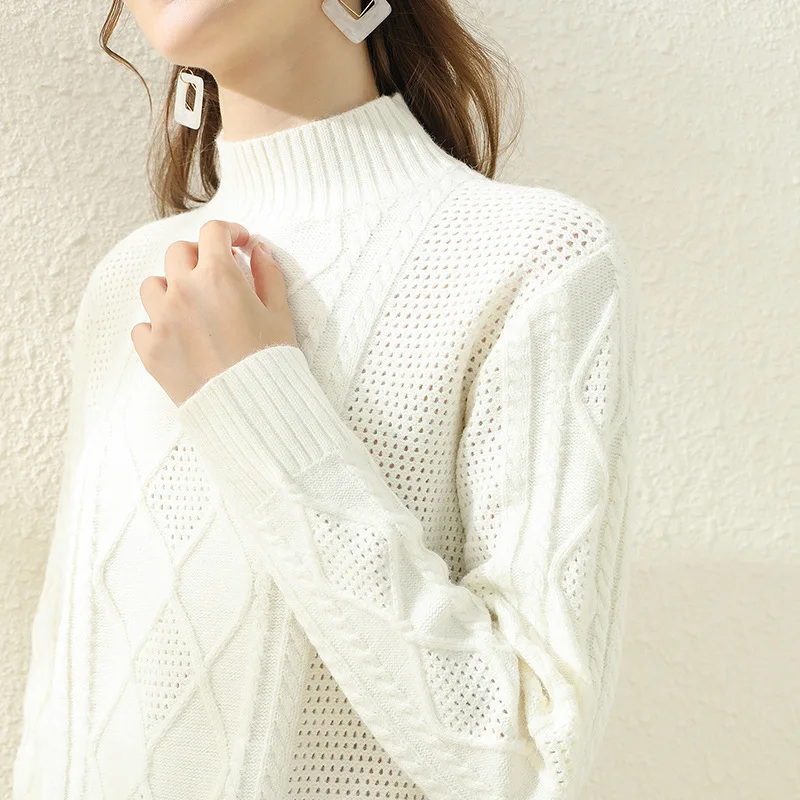 

2020 New Thickened warm plain white plaid pullover slimming body slouchy half-turtleneck sweater with thickened bottom for women