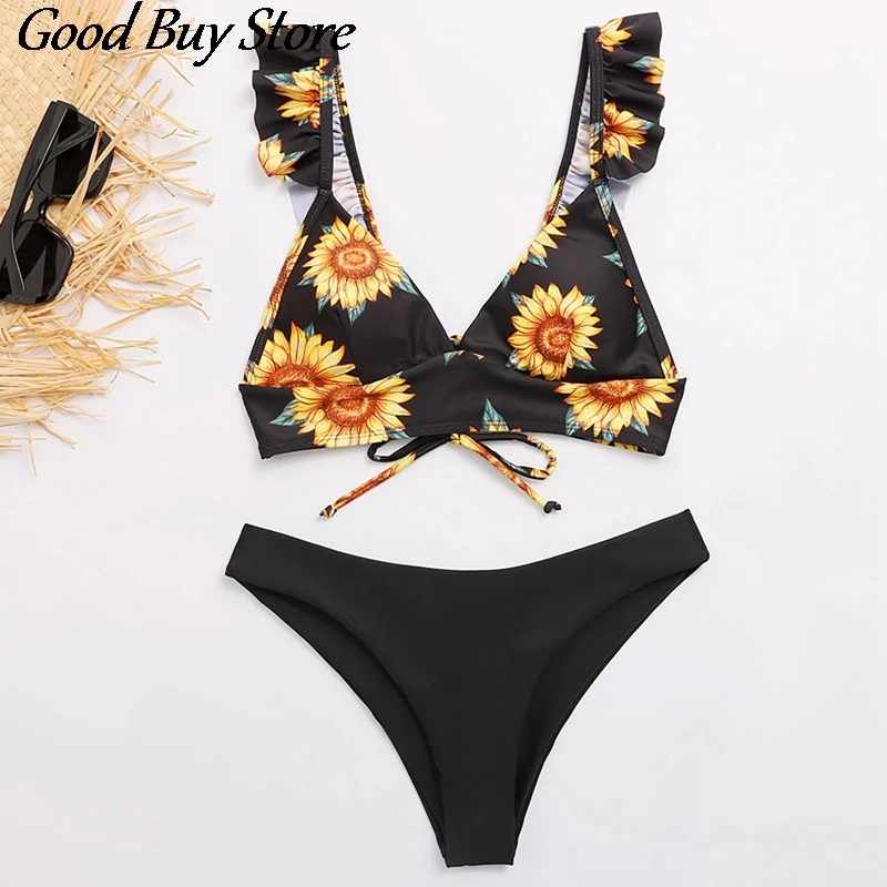 

Sunflower Bikini Set Women Hawaii Padded Swimwear Sexy Beachwear Ruffles Bathing Suit Bandage Biquini Exotic Holiday Swimsuit