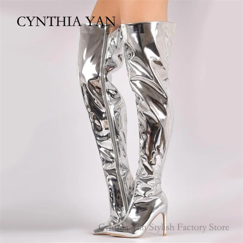 

Over Knee Boots Silver Black New Thin High Chuncky Heels Fashion 2021 New Women Long Boots Sexy Stage Party Shoes Free Shipping